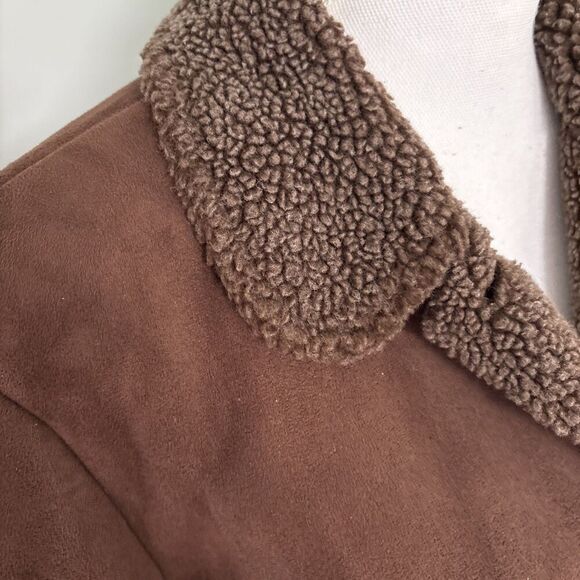 Lands' End Brown Suede-Like Shearling Soft Woman's Coat Jacket Large 14-16 - Picture 2 of 6